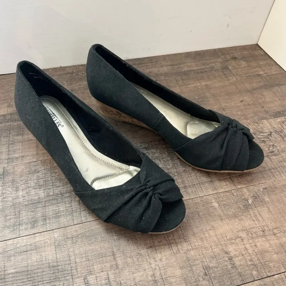 SEYCHELLES PEEP TOE BLACK CANVAS AND CORK WEDGES SIZE 8.5